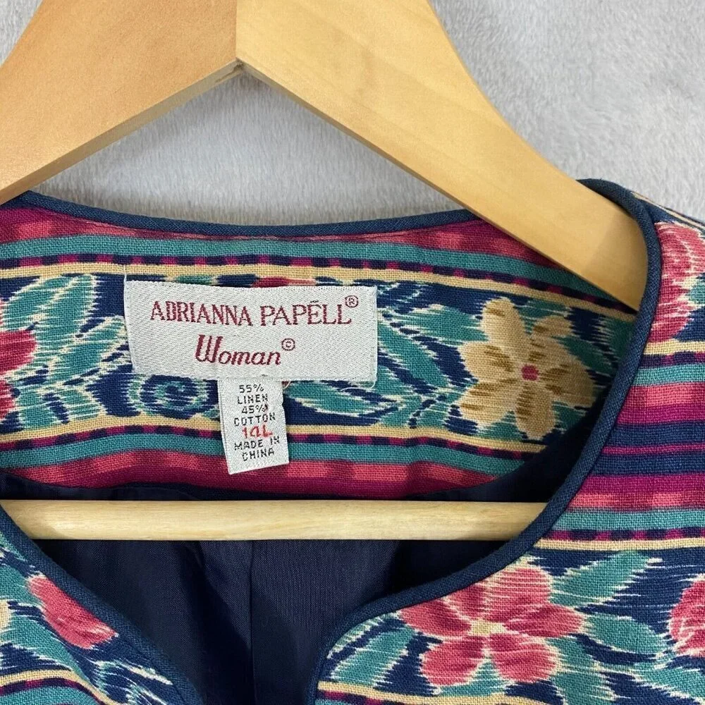 Vintage‎ Adrianna Papell Linen Blend Jacket Womens 14L Floral Stripe Retro 80s